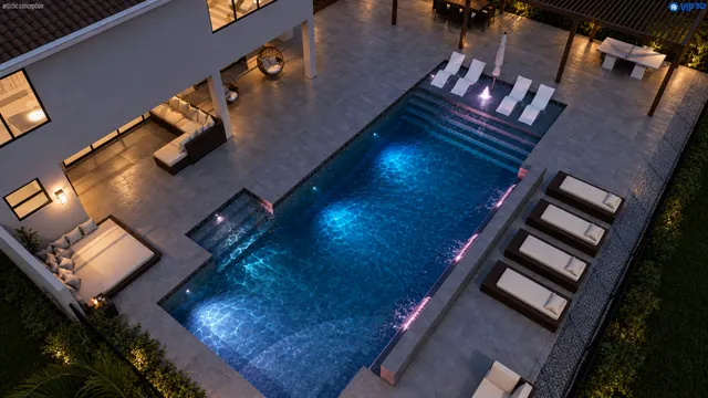 3D render of the Kazalak pool, view 12 (night aerial)